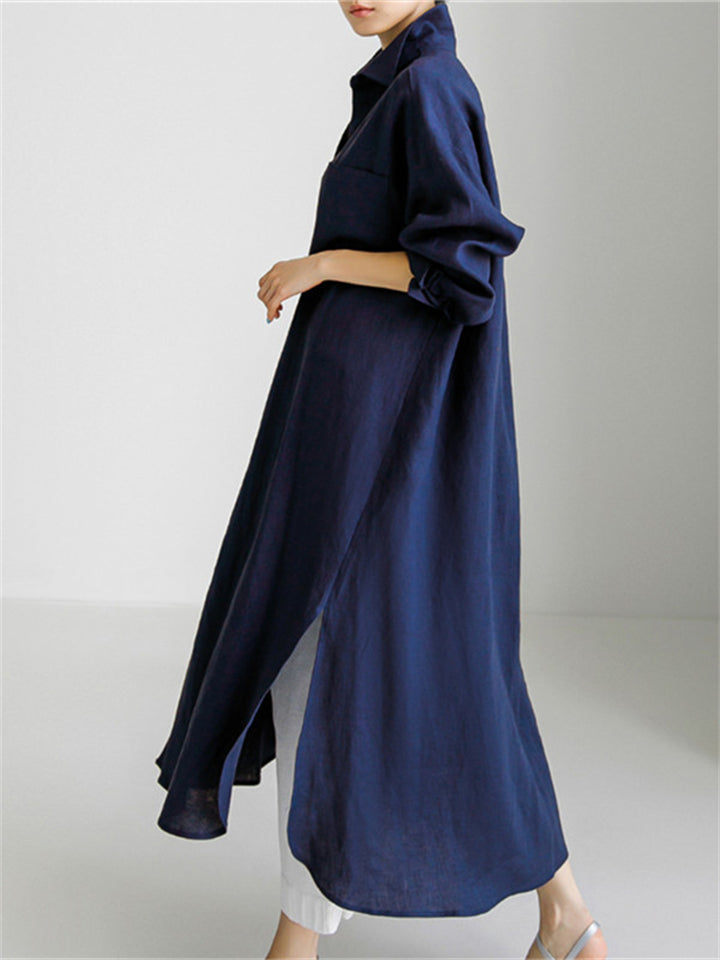 Women's Solid Color Casual Elegant Cotton And Linen Irregular Shirt Long Dress