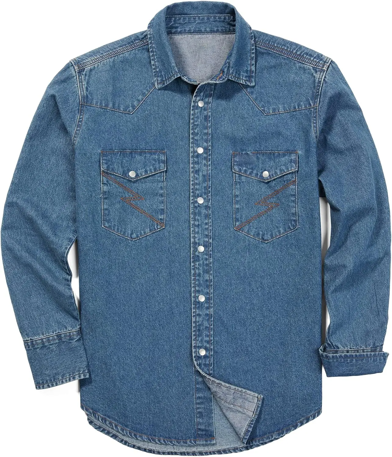 ??Men's Long Sleeve Stone-Washed and Pre-Washed Denim Work Shirt