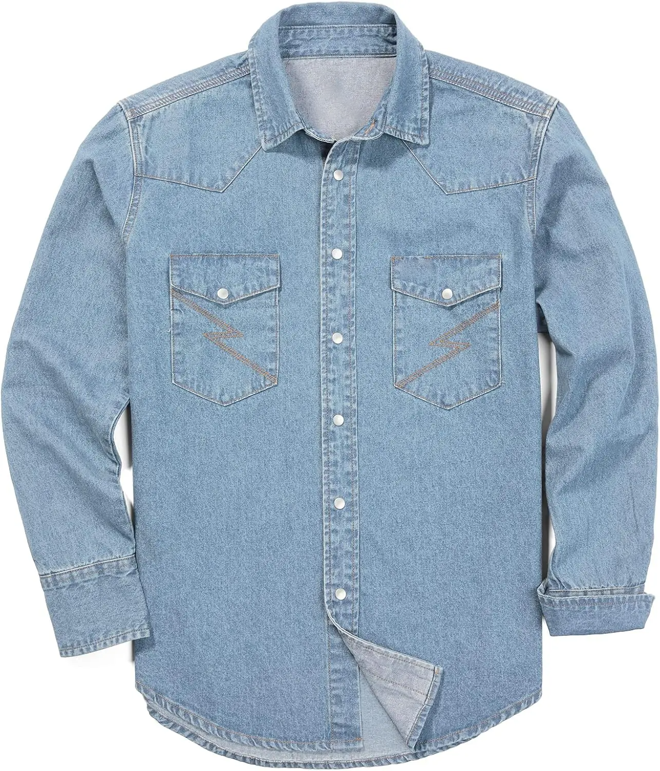 ??Men's Long Sleeve Stone-Washed and Pre-Washed Denim Work Shirt