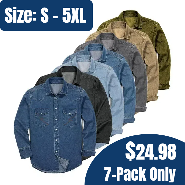 ??Men's Long Sleeve Stone-Washed and Pre-Washed Denim Work Shirt